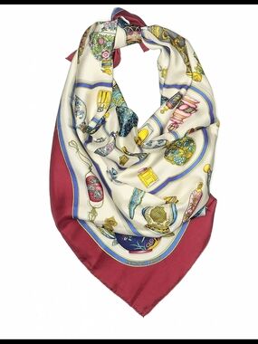 Silk Scarf - Cream & Burgundy Patterned Designer Style